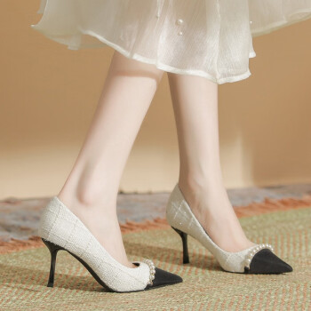 足姿媚（ZUZIMEI）早春新款拼色高跟鞋女尖头细跟时装单鞋小香风 白色 35