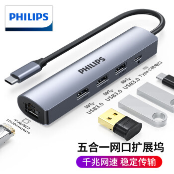 飞利浦（PHILIPS） Type-C扩展坞USB-C转hdmi/vga/网口分线器适用手机苹果电脑 【网口+PD款】五合一转换器 0.2米