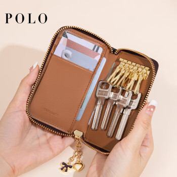 POLO钥匙包女士卡包多功能拉链时尚印花零钱包门禁收纳包钥匙扣礼盒装