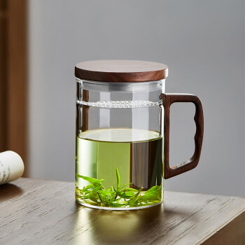 绿昌明月牙玻璃茶杯耐高温茶水分离木把办公个人专用过滤喝水绿茶泡茶器