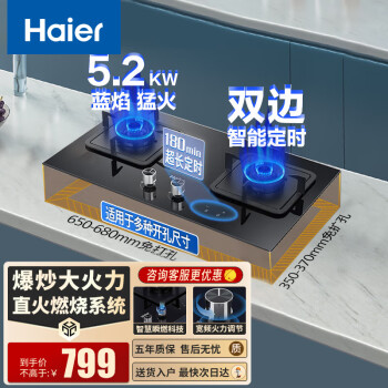 海尔（Haier）5.2kw双边180min定时款天然气燃气灶家用双灶嵌入式猛火灶具台嵌两用一级能效煤气灶炉灶十大品牌