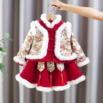 汉服女童冬装套装新年衣服儿童国风童装唐装小童过年拜年服两件套红色