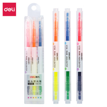 得力(deli)S736 双头双色荧光笔套装 学生彩色记号笔作业笔记考试重点标记笔绘画手账多色笔(3支/盒) 5盒装