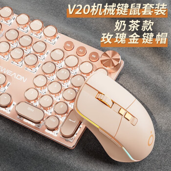 前行者（EWEADN）V20机械键盘鼠标套装有线蒸汽朋克女生办公游戏电竞键鼠电脑笔记本通用 奶茶白光蜜粉轴
