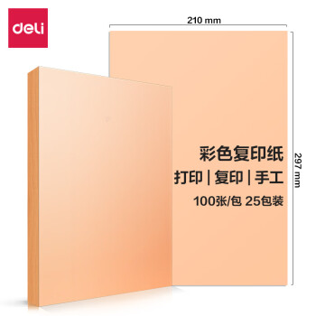 得力A4 80g（桃红）粉红复印纸 彩色打印纸 手工折纸剪纸彩纸  100张/包 7757