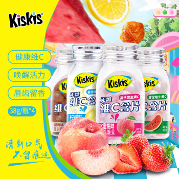 酷滋（Kiskis） 无糖维C含片 薄荷糖38g*4盒 水蜜桃+柠檬+话梅+西瓜混合压片糖果