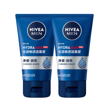 妮维雅（NIVEA）男士洗面奶深层清洁补水保湿水活畅透洁面泥100g双支套装 