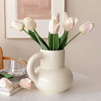 京东鲜花 法式陶瓷花瓶插花餐桌奶壶手提大肚水培鲜花花器轻奢高级感摆件
