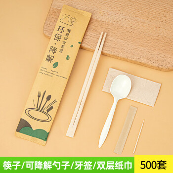 赛卓（Sai  Zhuo）一次性餐具包 筷子勺子纸巾牙签环保可降解 四件套纸袋 500个