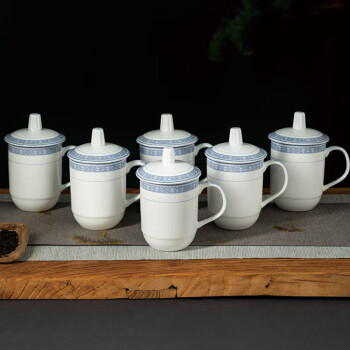 富光（Fuguang）茶杯陶瓷杯会议杯办公杯带盖6只装青花杯子商务水杯套装