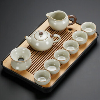 初伍竹制茶盘茶具套装家用小型沥水茶台汝窑功夫茶壶茶杯轻奢高档套餐