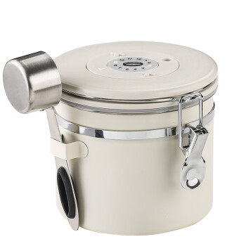 焙印咖啡豆储存罐咖啡粉密封罐带勺304不锈钢罐排气可设日期白色1.5L