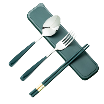 拾画便携餐具 不锈钢叉子勺子+合金筷子套装 成人学生旅行盒装四件套