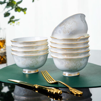陶相惠骨瓷高脚米饭碗中式家用10个装防烫手吃饭碗汤碗金边陶瓷碗套装