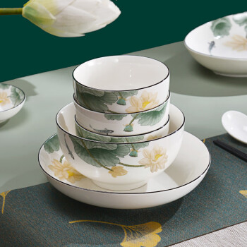裕行陶瓷餐具碗碟套装整套餐具中国风家居送人礼品32头莲年有鱼礼盒装