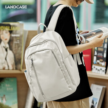 Landcase书包男大容量初中高中生大学生背包休闲简约电脑双肩包女4013米白