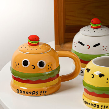 畅宝森 陶瓷杯 韩式家用办公可爱汉堡搞怪创意立体带盖勺水杯礼盒  DO