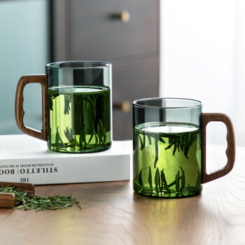 泥也玻璃绿茶杯耐冷耐热直饮水杯带木把防烫手办公家用待客泡茶杯