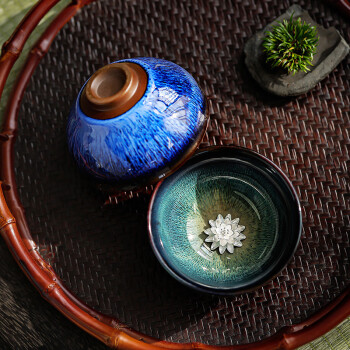 茶艺贵族海之蓝+天之蓝莲花对杯礼盒装建盏天目拉丝窑变茶杯主人杯