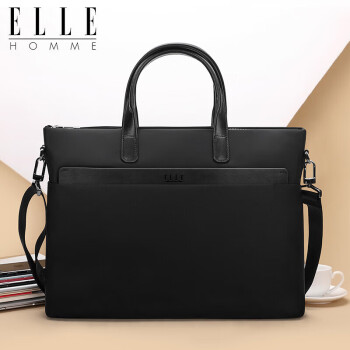 ELLE HOMME 商务男士公文包 时尚帆布斜挎手提包 休闲14英寸电脑包02210黑色