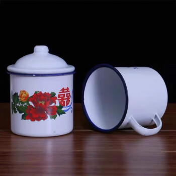 ZETAI复古搪瓷杯铁茶缸 复古茶缸老式马克杯白色盖子花卉款 340ml一对