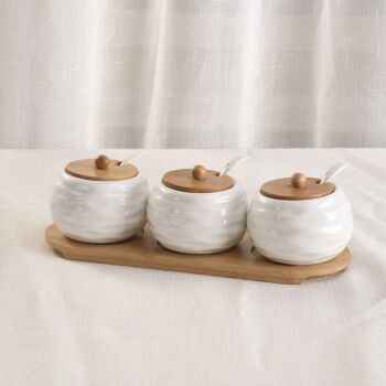 京典光年厨房家用陶瓷调味罐调味盒组合套装 套三波浪纹竹盖
