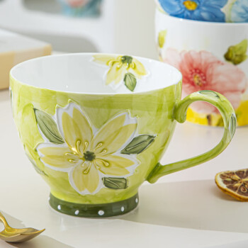 佩尔森陶瓷马克杯咖啡杯大容量水杯子早餐杯办公室杯手绘浮雕 绿色