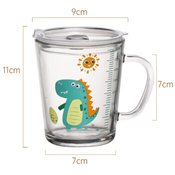拜杰牛奶杯玻璃杯早餐杯水杯儿童牛奶杯子恐龙带刻度吸管杯子380ML