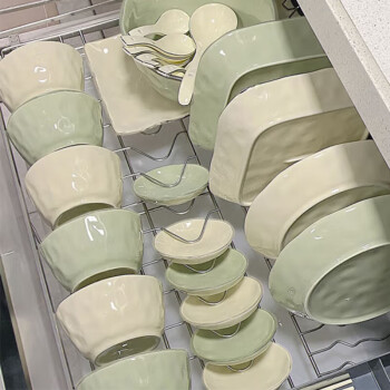 共禾京品碗碟套装奶油风陶瓷餐具整套乔迁碗盘奶黄奶绿55件套