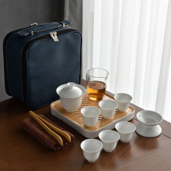 晋阁德化白瓷美人功夫茶具套装 便携旅行茶具盖碗茶杯 蓝包1壶6杯