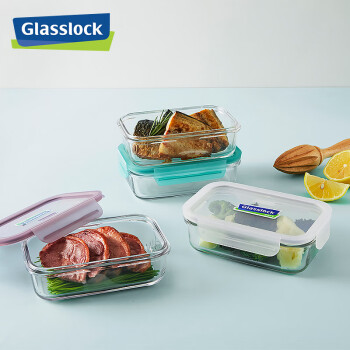 Glasslock进口钢化玻璃保鲜盒冰箱分类收纳盒耐热密封盒长方形3件套 GL2014