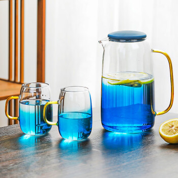 MULTIPOTENT高硼硅玻璃冷水壶果汁壶大容量凉水杯玻璃杯云石壶渐变蓝一壶四杯