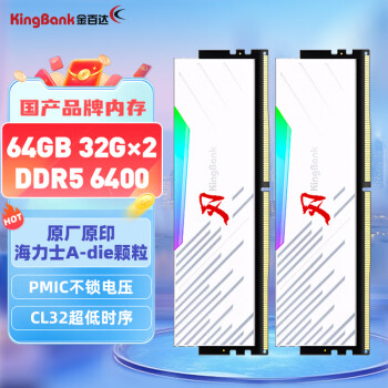 金百达（KINGBANK）64GB(32GBX2)套装 DDR5 6400 台式机内存条海力士A-die颗粒 白刃RGB灯条 C32
