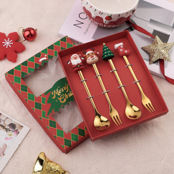 畅宝森 餐具 圣诞节甜品咖啡勺水果叉 创意礼品勺叉四件套 2盒起购 DO