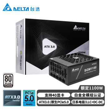 台达（DELTA）SGM1100W黑色 单路12V白金全模全电压台式机电脑电源 ATX3.0/PCIE5.0/支持4090显卡/压纹线