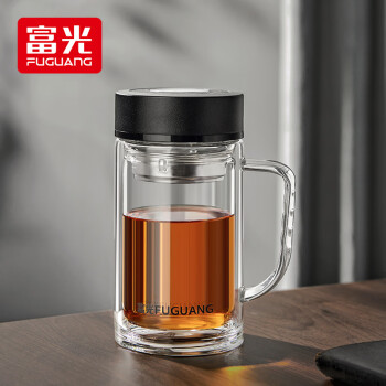 富光玻璃杯大容量带茶隔水杯便携带把泡茶杯子办公玻璃水杯透明加厚