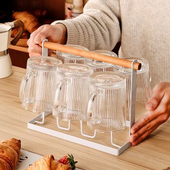 格娜斯 日式竖纹玻璃杯套装家用客厅喝水杯子耐热水杯带把家庭待客茶杯
