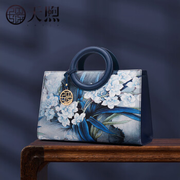 天煦中国风复古生日礼物妈妈包印花圆环手提包 深蓝色-墨兰-送礼品袋