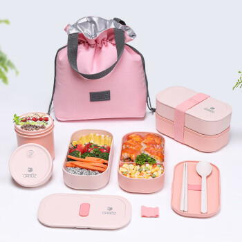 昌木子（CAMUZ）竹纤维饭盒 日式双层便当盒 可微波炉加热 密封上班族 粉色套装