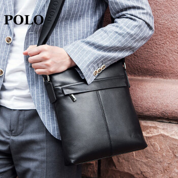 POLO单肩包男士商务斜挎包男头层牛皮竖款iPad包大容量皮包 黑色