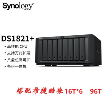 群晖（Synology）DS1821+ 四核心8盘位 NAS 网络存储服务器 内存4+16G搭配 希捷16T*6 96T