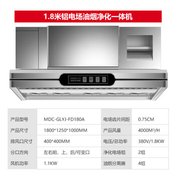 麦大厨油烟净化器一体机商用抽油烟机酒店食堂厨房低空排放环保直排太空铝4000风量 MDC-GLYJ-FD180A