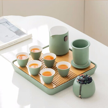 小狮子功夫茶具套装家用客厅轻奢现代简约陶瓷干泡茶盘小套装礼盒豆绿色
