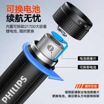 飞利浦（PHILIPS）充电手电筒 铝合金变焦强光超亮远射可拆卸电池超长续航变焦