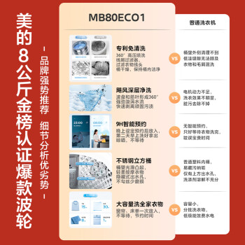 美的（Midea）波轮洗衣机全自动  8公斤 洗衣机小型 专利免清洗 宿舍租房神器 随心洗系列  MB80ECO1【企】