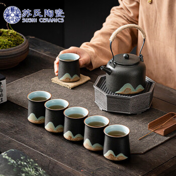 苏氏陶瓷（SUSHI CERAMICS）手绘山水画功夫茶具提梁壶茶具套装1壶6杯礼盒装