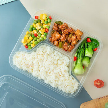 康洁佳鑫 一次性饭盒方形大四格塑料餐盒加厚带盖打包盒餐具150套装1000ml