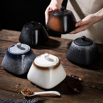 致年华（zhinianhua）调料瓶 厨房家用辣椒罐子 陶瓷盐带盖勺单个油泼辣子调料罐 DE