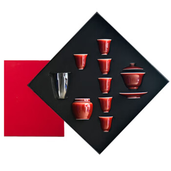 手德瓷苑仙袋窑红功夫茶具家用泡茶敬茶碗纯手工送礼红色盖碗郎红套装9件