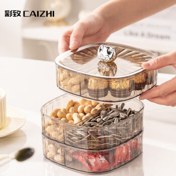 彩致（CAIZHI）水果盘新年客厅零食干果收纳盒糖果坚果果盘 透明灰3层CZ6889